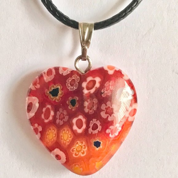 Orange Murano Glass Heart Necklace Millefiori Flowers Vintage Black Cord 18" - Picture 10 of 12